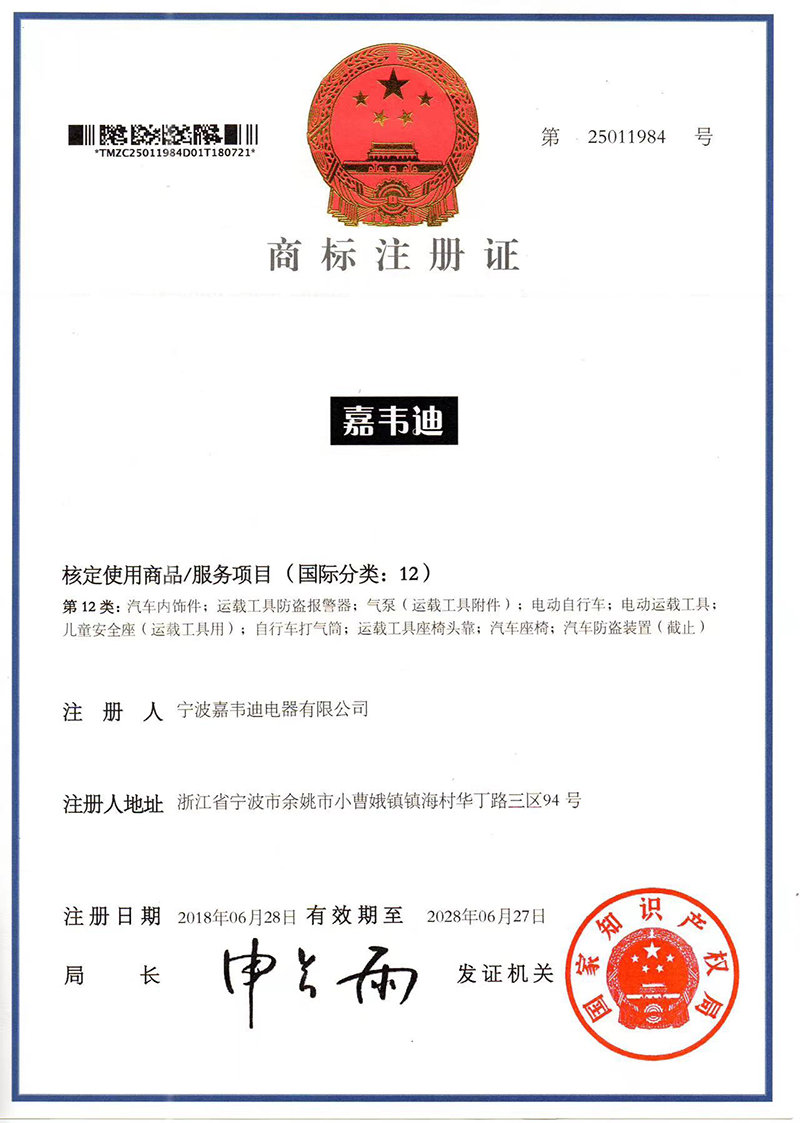 Trademark registration certificate